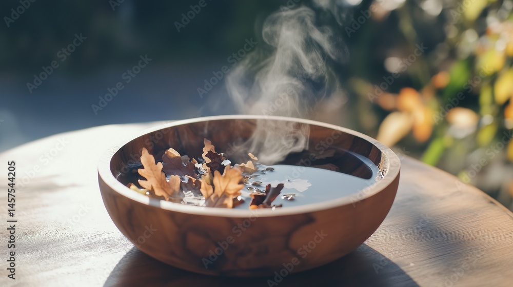 Wooden bowl of steaming liquid with dried leaves