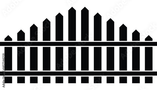 Stylized black wooden fence vector illustration with vertical posts, triangular peaks, and horizontal beams on white. Minimalist frontal view, clean graphic design. Symbolizes simplicity, solid