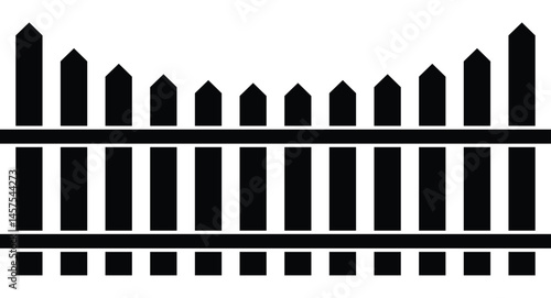 Stylized black wooden fence vector illustration with vertical posts, triangular peaks, and horizontal beams on white. Minimalist frontal view, clean graphic design. Symbolizes simplicity, solid
