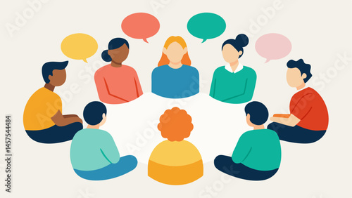 Community Circle A diverse group of people sitting in a circle sharing affirmations aloud with colorful speech bubbles containing affirmations like Together we can and We believe