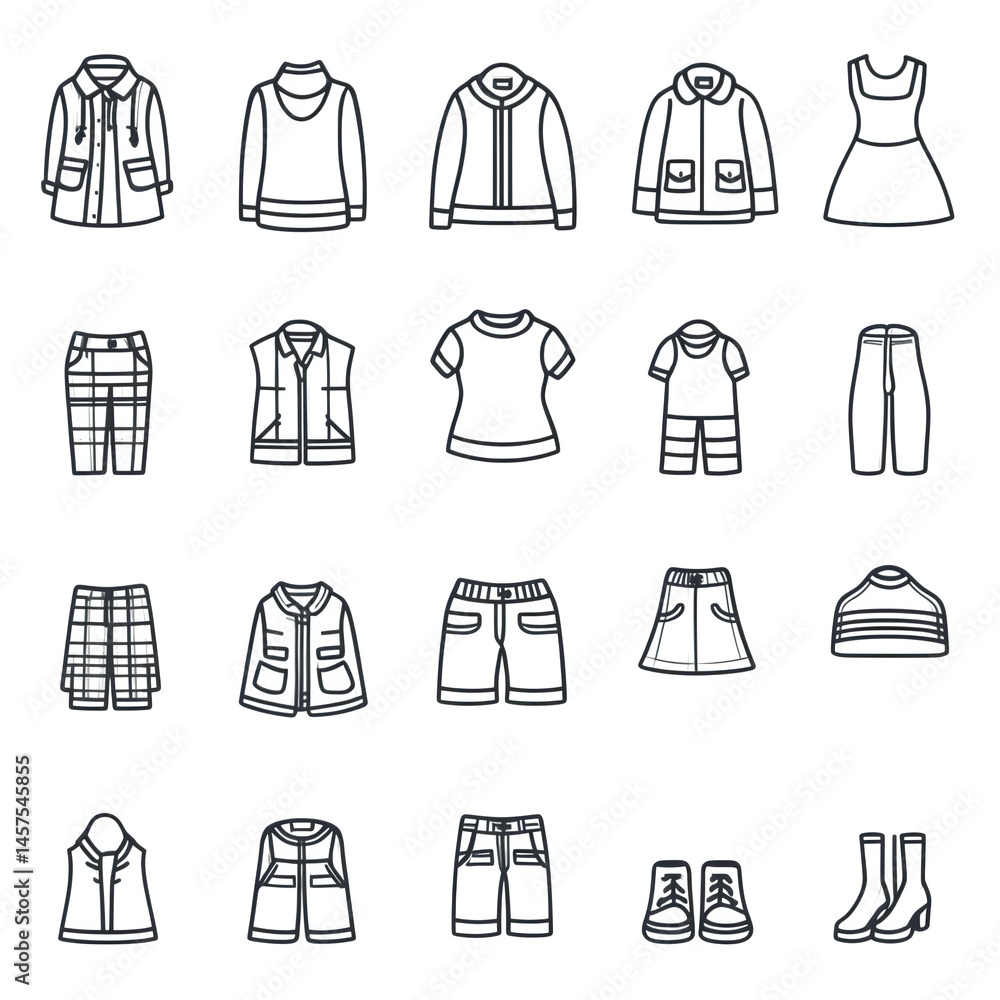 Clothes thin line icons set. Clothes editable stroke icons. Fashion icons. T-shirt, Pants, Jacket, Dress, Short, Shoe, Shirt symbols. Vector --v 6.1 --s 750 --raw Clothes thin line icons set. Clothes editable stroke icons. Fashion icons. T-shirt, Pants, Jacket, Dress, Short, Shoe, Shirt symbols. Vector --v 6.1 --s 750 --raw
