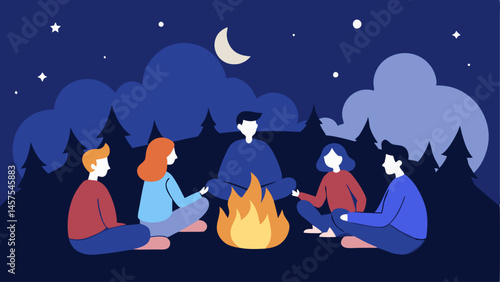 Cozy Campfire Gathering Friends gathered around a crackling campfire at night with stars ling above sharing stories and enjoying each others company representing warmth and