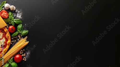 Pizza pasta tomatoes garlic basil cheese food italian cuisine culinary ingredients cooking recipe meal dinner lunch restaurant menu delicious tasty appetizing