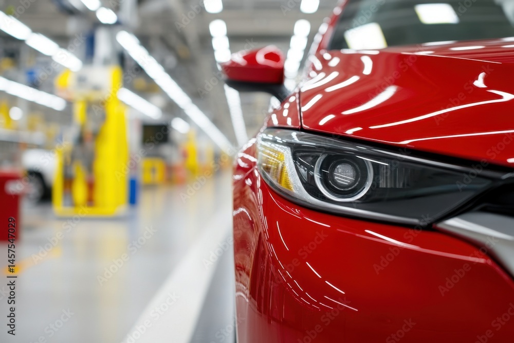 Fototapeta premium Red car's headlight in focus, blurred assembly line in background, showcasing modern automotive manufacturing.