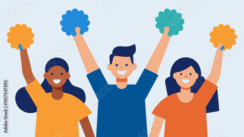 Cheering Squad A group of friends with pompoms cheering and uplifting a central figure showcasing motivation and encouragement in a community.