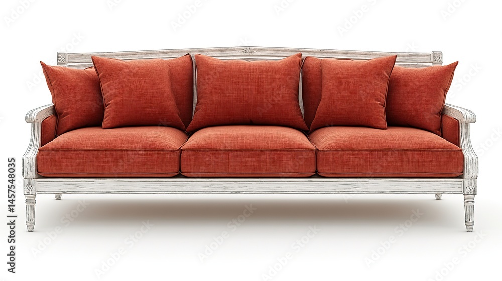 Fototapeta premium Classic, light-colored wooden couch with burnt orange cushions. Detailed padded seat and back cushions