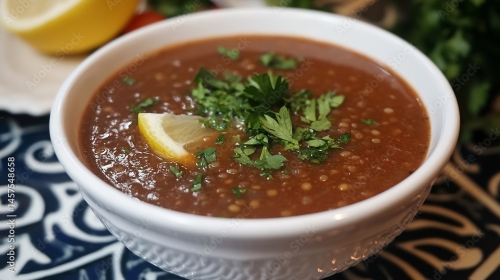 Turkish lentil soup mercimek orbas garnished fresh parsley and lemon served in a white bowl on a stylish dinner table with Spanish inspired decor Turkish lentil soup mercimek orbas garnished fresh parsley and lemon served in a white bowl on a stylish dinner table with Spanish inspired decor