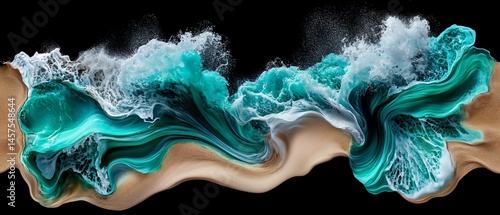 Abstract ocean waves meeting beach sand on a black background