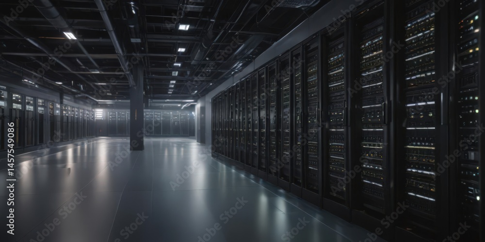 Fototapeta premium Rows of humming servers in a modern data center, internet, high-tech, cybersecurity