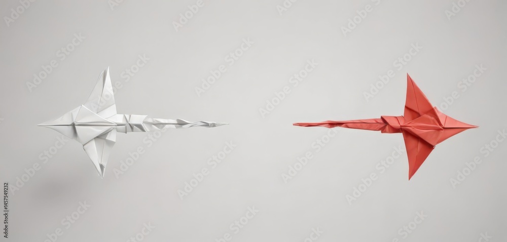 Two origami arrows, opposing directions, stark white backdrop, guidance, way, forward Two origami arrows, opposing directions, stark white backdrop, guidance, way, forward