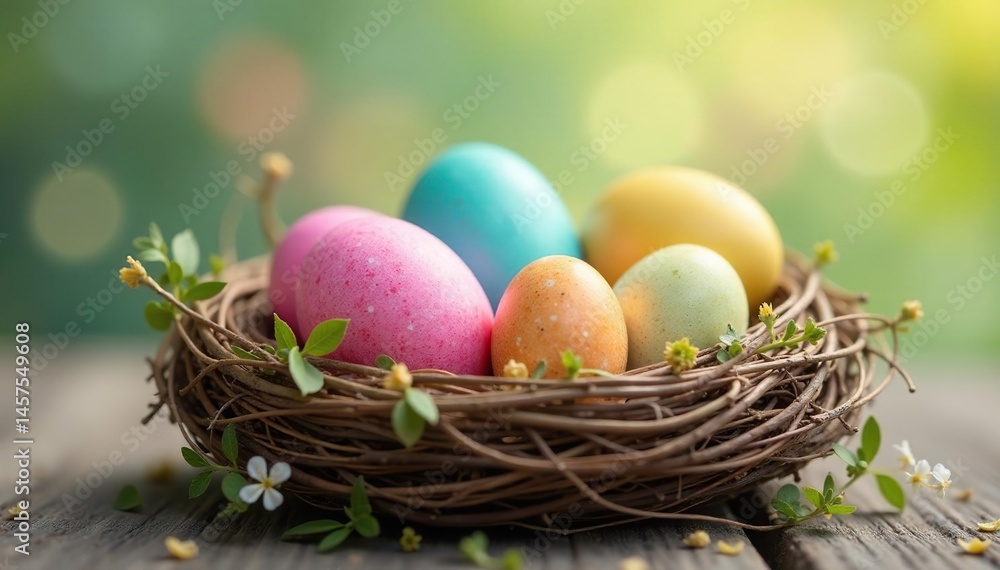 Colorful eggs nestled in a fluffy bunny-shaped nest , brown, nest Colorful eggs nestled in a fluffy bunny-shaped nest , brown, nest