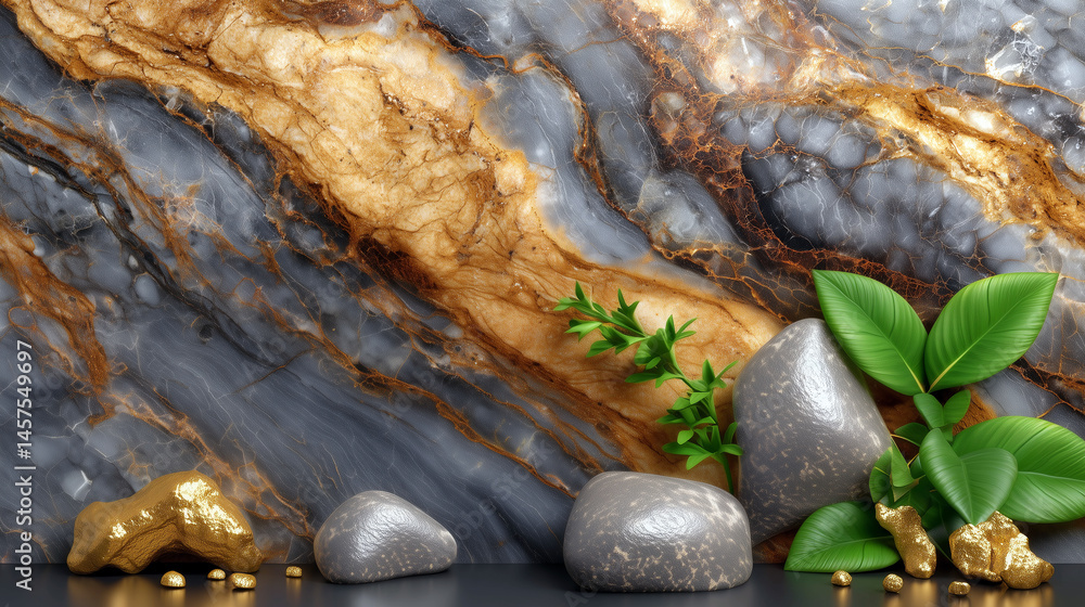 A wall with a gold leaf and a rock on it