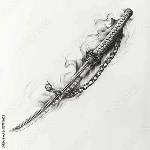 katana, draw, asian, cut, Japan, smoke, black and white, chain, weapon