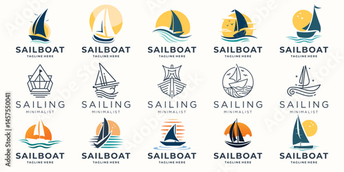 Sailing boat logo vector, sail line boat sport, ship logo vector concept bundle.