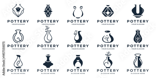 mega collection of pottery logo. greek pottery ceramic clay vases silhouettes, Modern illustration.