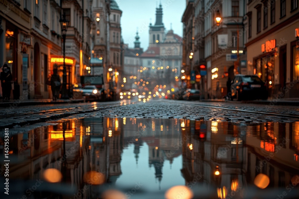 Fototapeta premium Rainy evening street scene, puddle reflections. City buildings and street lights mirrored in a wet roadway