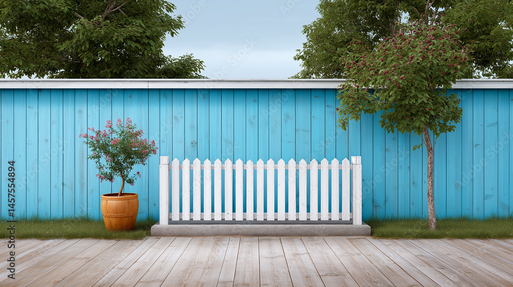 A white picket fence with a bench in front of it
