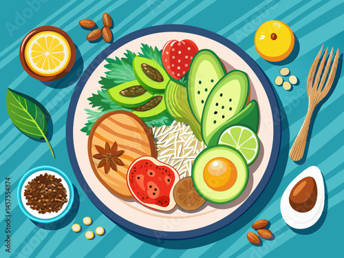 vector of Healthy and nutritious food: avocado, chia seeds, walnuts and almonds