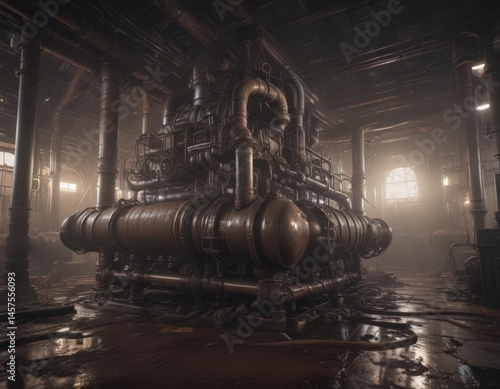 Leaky pipes, dust-covered machinery in dim light, pipes, mechanical, oily