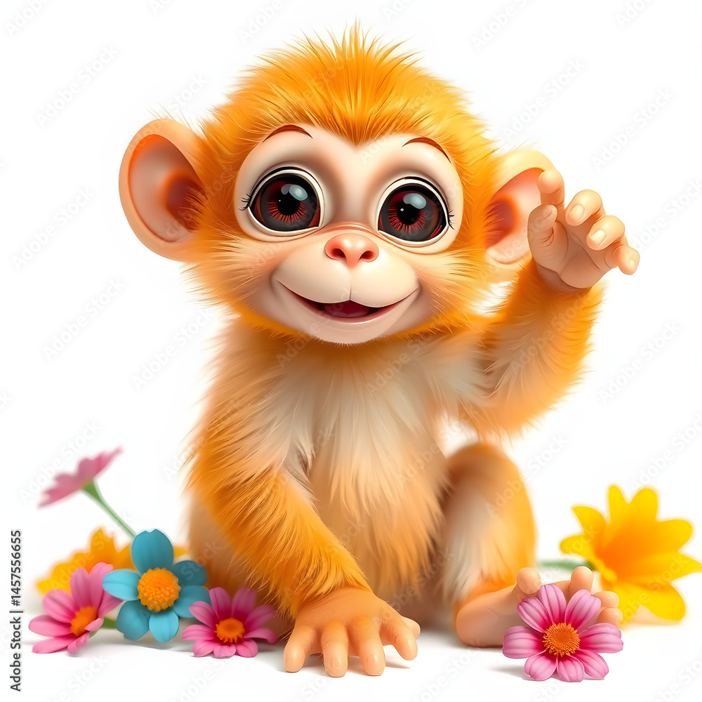 Obraz premium Adorable Cartoon Golden Monkey Sitting with Flowers