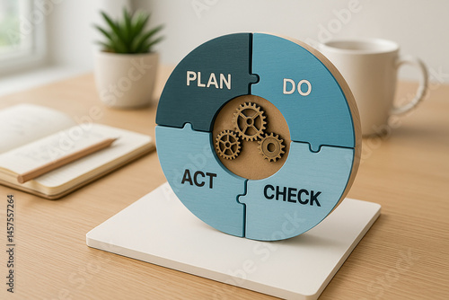 Colorful puzzle-style wooden disk illustrating the PDCA quality control cycle with internal gears symbolizing interconnected process mechanisms..