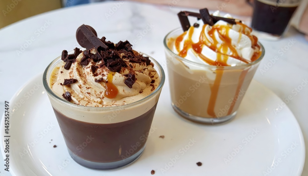 Two chocolate mousse desserts, topped with whipped cream, caramel drizzle, and chocolate shavings, sit on a white plate, evoking a decadent treat. Two chocolate mousse desserts, topped with whipped cream, caramel drizzle, and chocolate shavings, sit on a white plate, evoking a decadent treat.