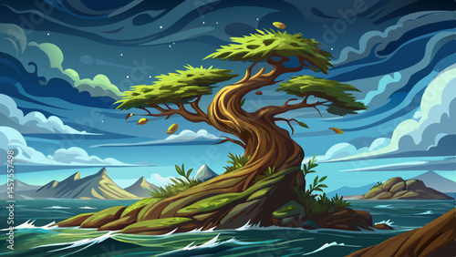 One twisted tree clings to life on a barren island, leaves rustling in the ocean breeze under a stormy sky