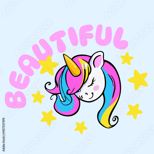Smiling Unicorn print with the text: Beautiful, and stars, isolated. Children's colorful print, poster, elememt for design of clothing, textiles, rooms.
