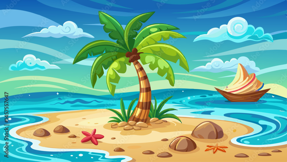 Fototapeta premium Lone palm stands proudly on a sandy islet, surrounded by turquoise waves and scattered seashells