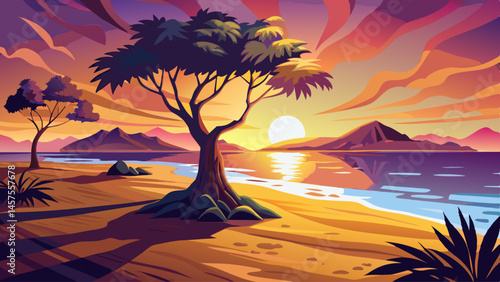 At sunset, the silhouette of one tree casts a long shadow across the golden beach of the quiet island