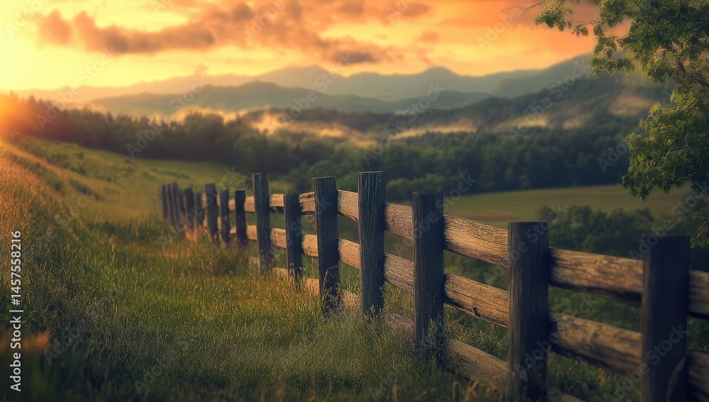 A rustic wooden fence winds through a lush grassy hillside at sunrise. Misty mountains and forests are in the background, bathed in warm golden light A rustic wooden fence winds through a lush grassy hillside at sunrise. Misty mountains and forests are in the background, bathed in warm golden light