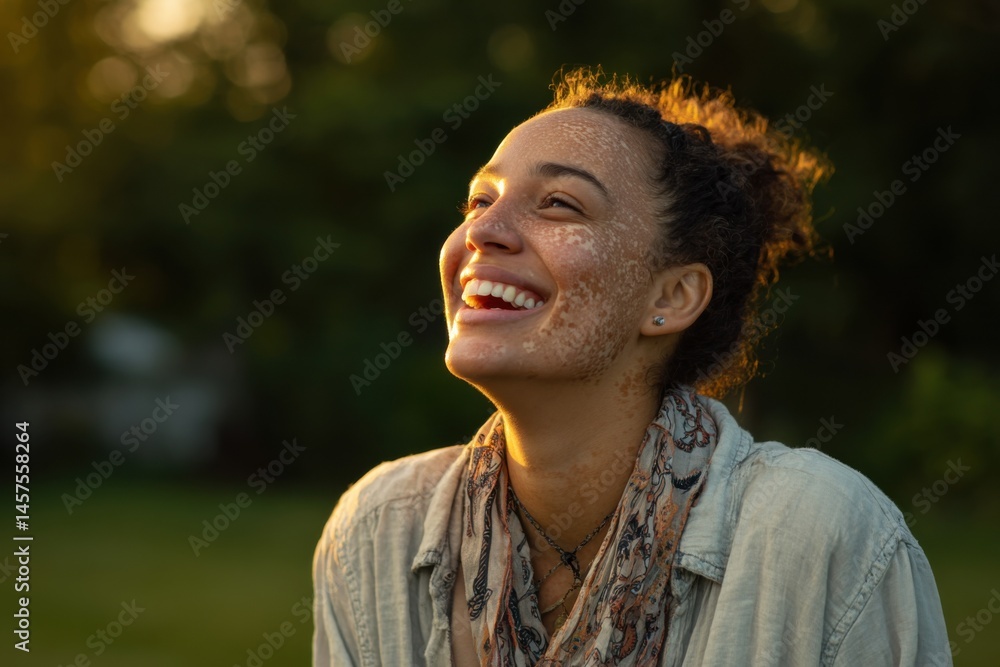 Laughter in the Sun With Vitiligo During a Joyful Outdoor Gathering in a Serene Garden Setting Laughter in the Sun With Vitiligo During a Joyful Outdoor Gathering in a Serene Garden Setting