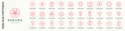 mega collection Floral blossom logo and icon. Abstract beauty flower line Pink flowers minimalist.