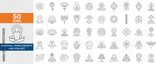Spiritual Growth & Mindfulness Icons – Vector Illustrations of Meditation, Chakra Symbols, Personal Transformation, Enlightenment, Crystal Energy & Esoteric Designs