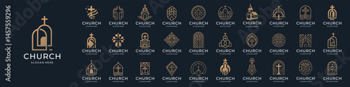 set of church logos. inspiration jesus christ cross minimalist symbol,gold color on dark background.