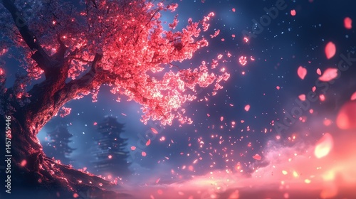 Enchanting cherry blossom tree at night