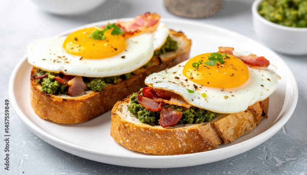 Stacked breakfast sandwiches featuring fluffy fried eggs, savory bacon, and vibrant pesto rest on toasted bread on a white plate. Stacked breakfast sandwiches featuring fluffy fried eggs, savory bacon, and vibrant pesto rest on toasted bread on a white plate.