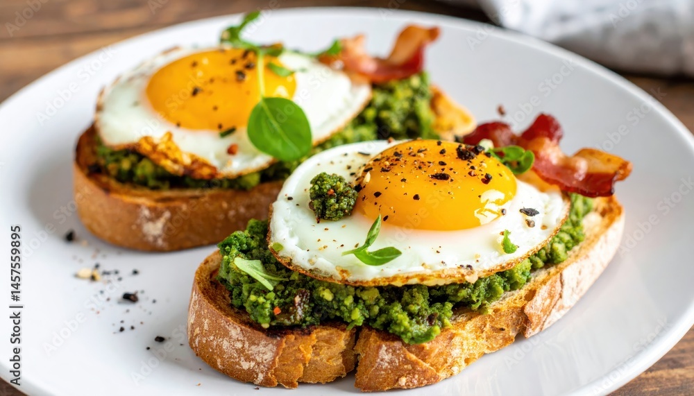 Avocado pesto toasts topped with vibrant green herbs and crispy bacon offer a delicious brunch spread on a rustic wooden surface. Avocado pesto toasts topped with vibrant green herbs and crispy bacon offer a delicious brunch spread on a rustic wooden surface.