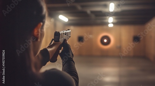 Woman Practicing Pistol Shooting at Indoor Range