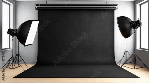 Professional Photography Studio Setup with Black Backdrop and Lighting