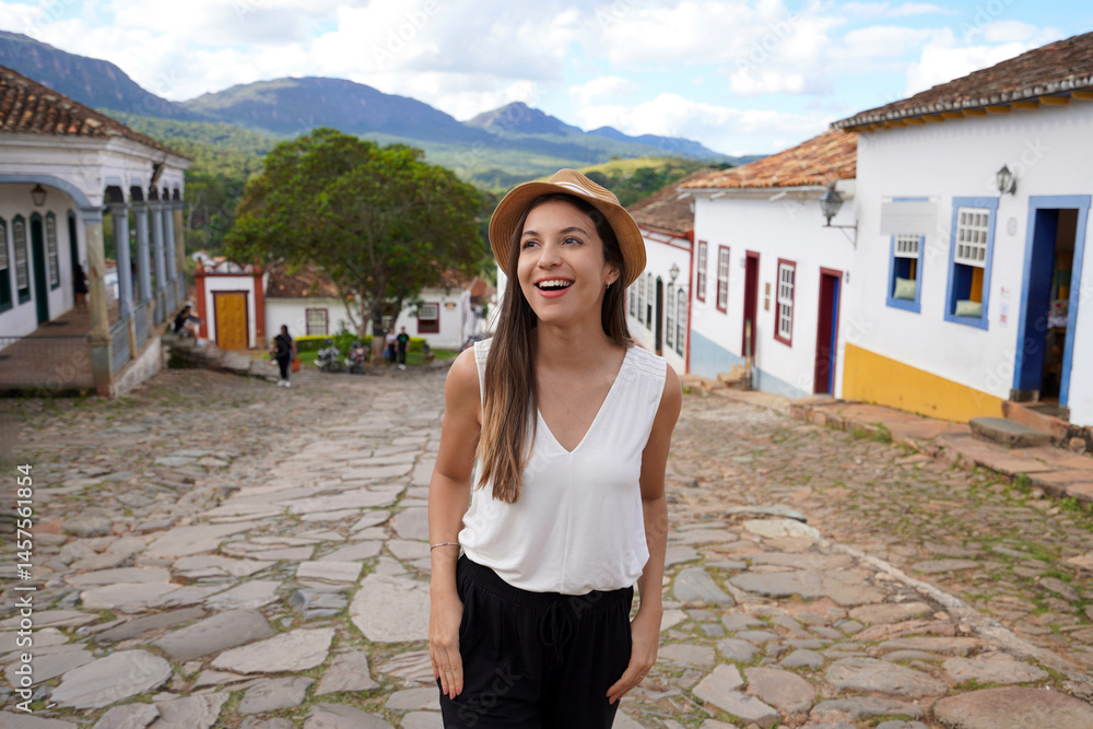 Colonial Brazil. Young woman visiting Tiradentes historic village in Minas Gerais State, Brazil.