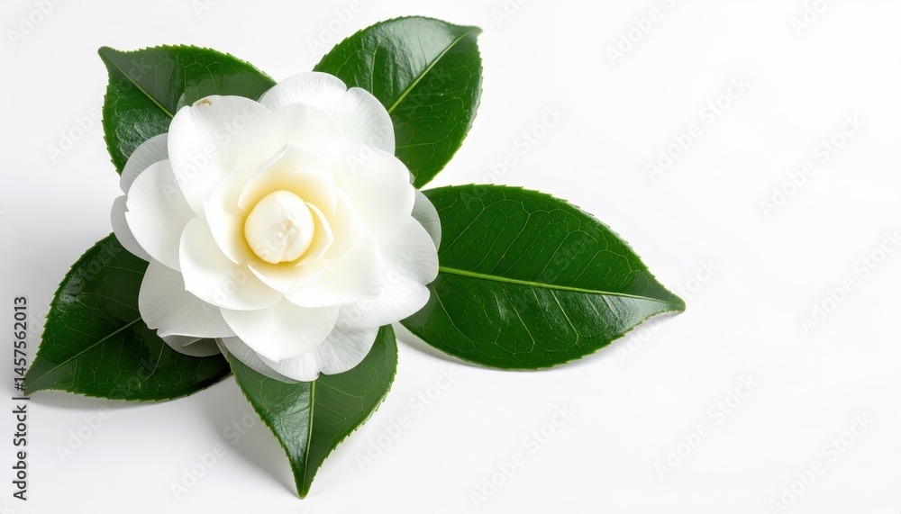 Fototapeta premium A pristine white camellia with vibrant yellow stamens blooms gracefully against a clean white background, evoking elegance and springtime renewal.