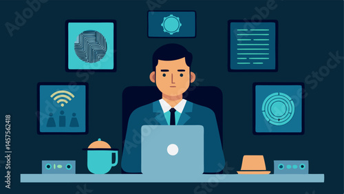 Forensic Technician Workspace A forensic technician sitting at a desk filled with fingerprint cards digital screens displaying fingerprints and a scanner ready to scan new samples.