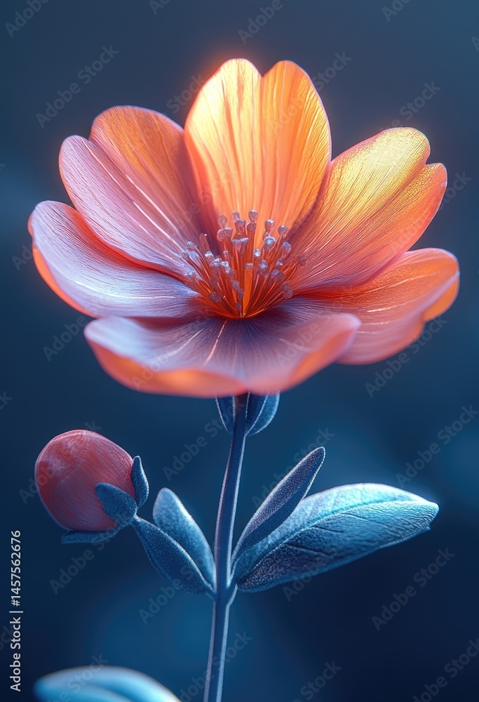 Fototapeta premium Illuminated orange flower, close-up, dark background, botanical art, nature