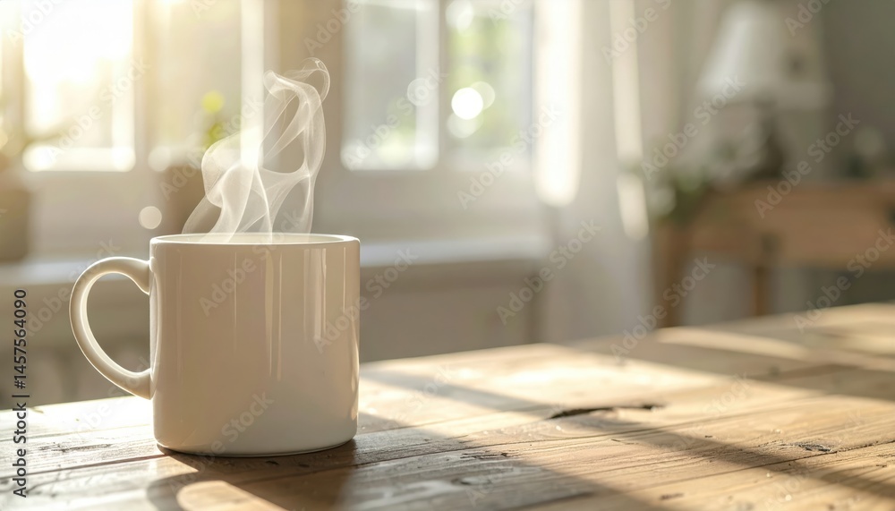 Warm steam rises from a ceramic mug resting on a sunlit wooden table, creating a cozy and inviting morning scene. Warm steam rises from a ceramic mug resting on a sunlit wooden table, creating a cozy and inviting morning scene.