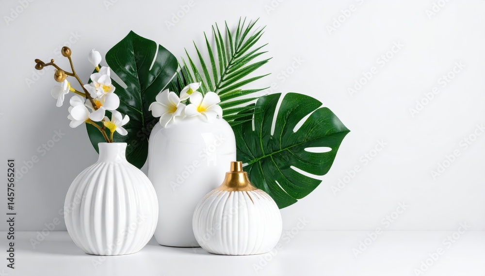 Three white ceramic vases with a gold accent showcase elegant orchids and lush tropical leaves against a minimalist background. Three white ceramic vases with a gold accent showcase elegant orchids and lush tropical leaves against a minimalist background.