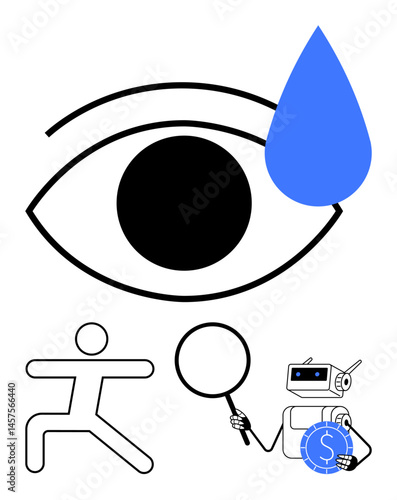 Large eye with teardrop evokes emotion stick figure suggests action magnifying glass symbolizes searching robot with coin highlights technology and value. Ideal for AI, emotion, research, technology