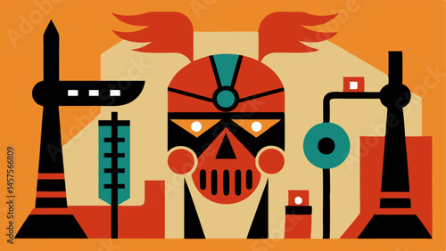 Cultural Symbols in Distress Depict cultural symbols such as totems or ceremonial artifacts being overshadowed by industrial machinery and pollution emphasizing the cultural
