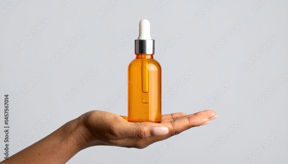 Fototapeta premium A hand delicately holds a golden amber dropper bottle against a neutral gray backdrop, showcasing a luxurious skincare or wellness product.