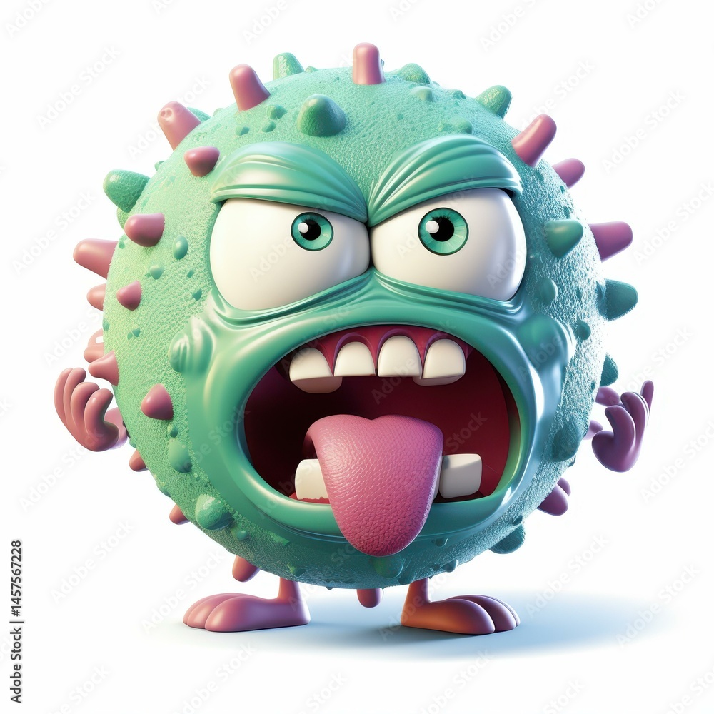 Discover a spunky pastel virus character, frowning yet fun, ready to spread awareness about health with style Discover a spunky pastel virus character, frowning yet fun, ready to spread awareness about health with style